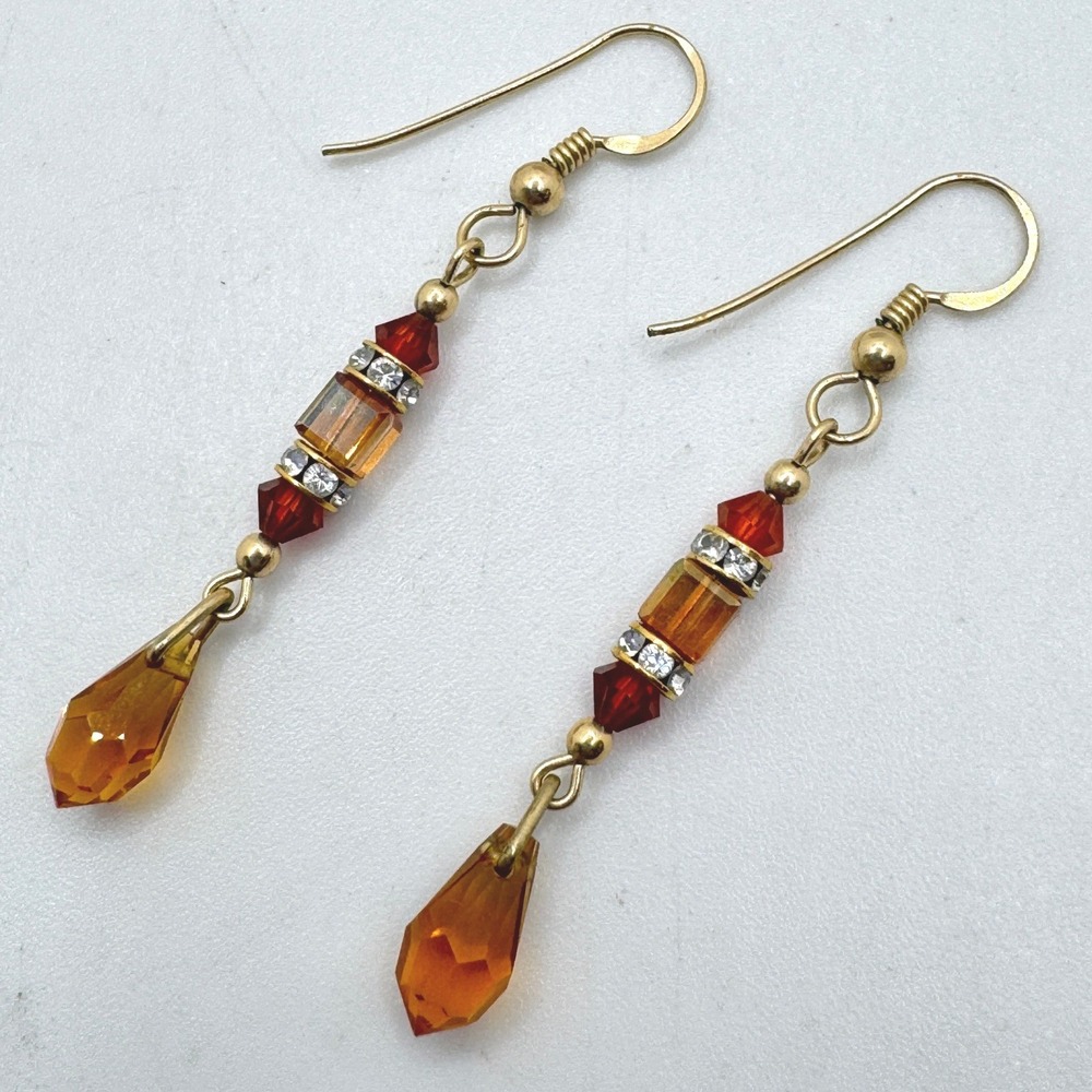 Amber Red Glass Crystal Drop Earrings Gold Tone French Wire Dangle Handmade